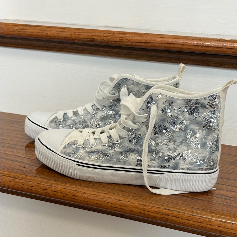 Silver Sequin High-Top Sneakers - White Trim